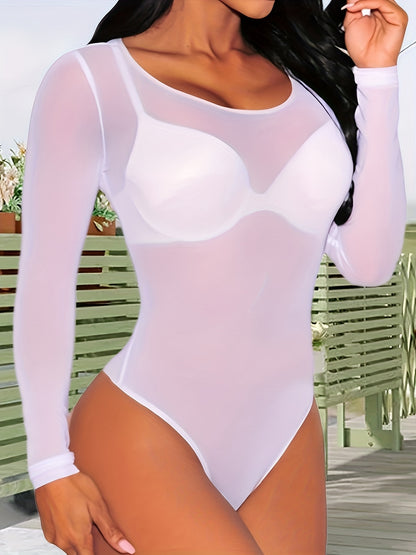 Lrady Women's Sheer Mesh Bodysuit Long Sleeve See Through Top Sexy Crew Neck Leotard Seamless Snatched Fit Going Out Shirt Clubwear Party Outfit Bachelorette White Festival Layering Basic Perfect Match for High Waisted Jeans
