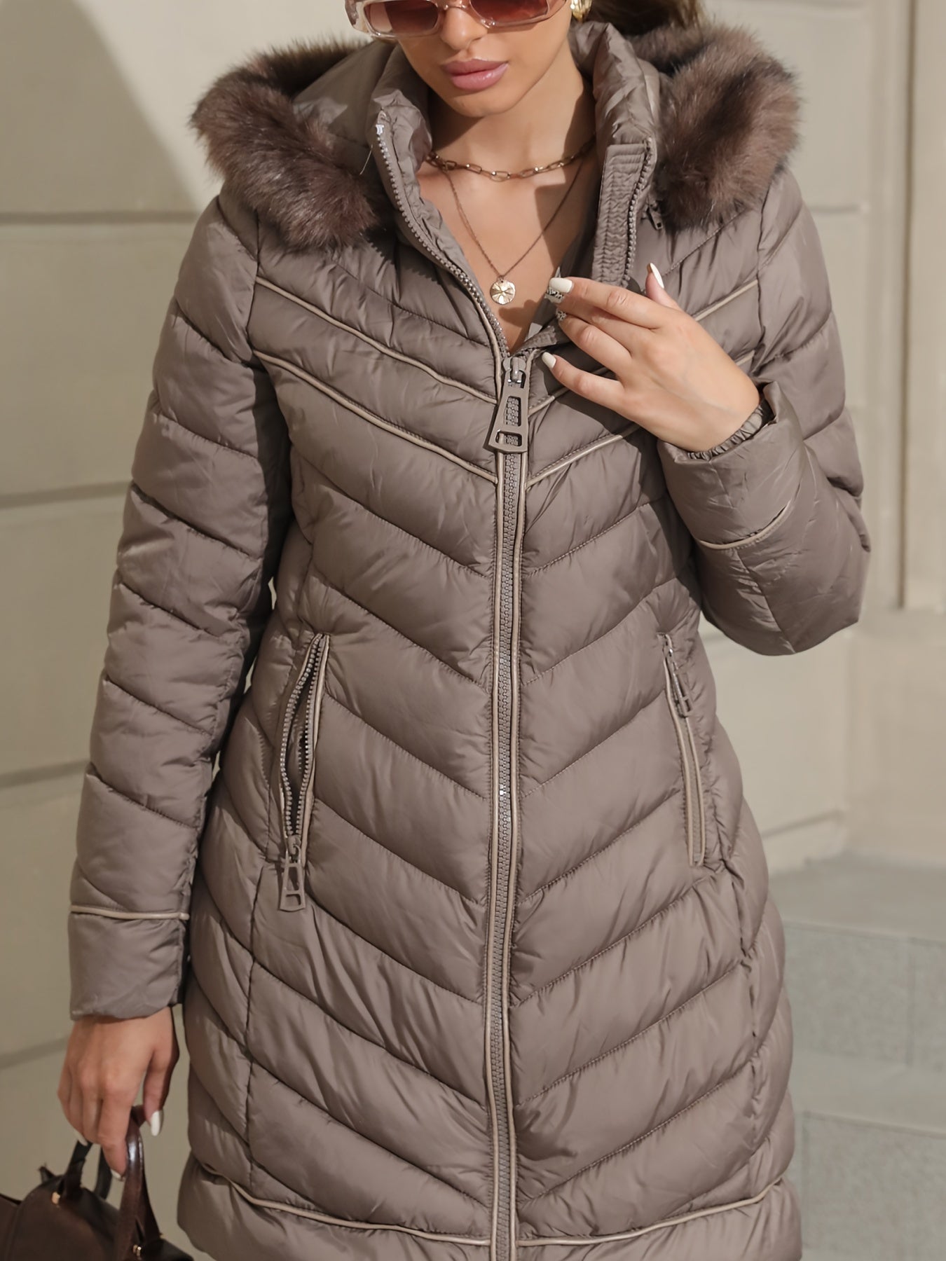 Zip-up Faux Trim Hoodie Puffy Coat, Casual Thermal Long Sleeve Coat for Fall & Winter, Women's Clothing