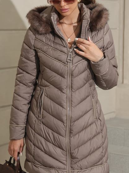 Zip-up Faux Trim Hoodie Puffy Coat, Casual Thermal Long Sleeve Coat for Fall & Winter, Women's Clothing