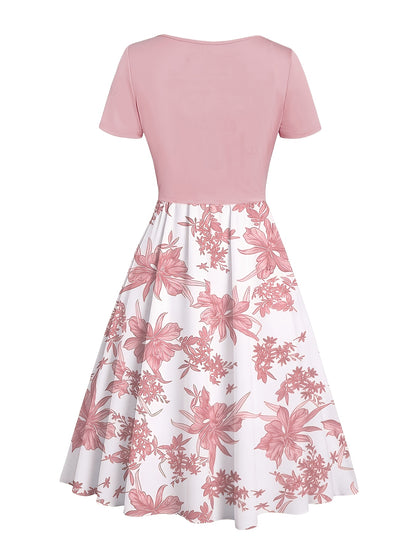 Floral Print Waisted Sleeveless Cami Dress And Solid Lace Up Short Sleeve Crop Top Set