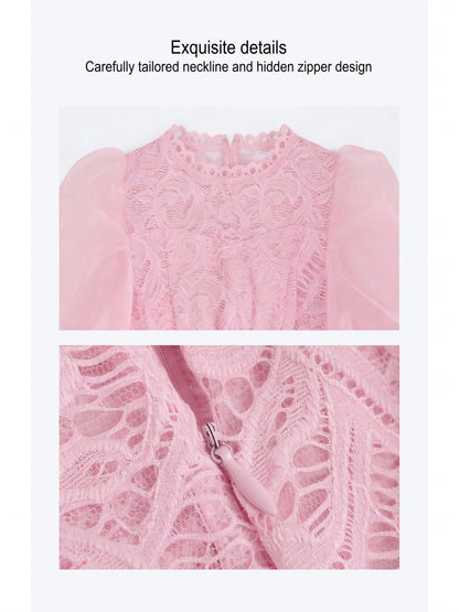 Plus Size, New Arrival Women's Lace-Trimmed Bubble Sleeve Party Dress with Round Neckline And Three-Quarter Length Sleeves