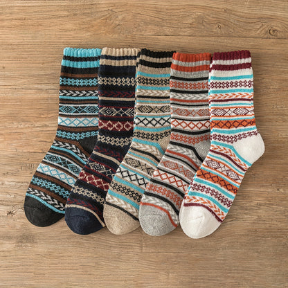 5Pairs Man Warm Socks Christmas Thick Mid Tube Socks Retro Nordic Style Women Couple Socks One Size US5-10 9004