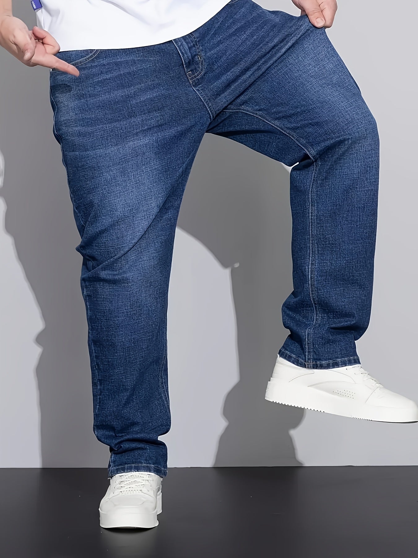 [HME] Men'S Easy And Casual Denim Trousers, Classic Five-Pocket Style, Retro Washed Craftsmanship, Mid-Waist Elastic Straight-Leg Pants, Built-In YKK Zipper Closure, Essential Men'S Plus-Size Jeans for Fashionable And Casual Outfits, Plus Size