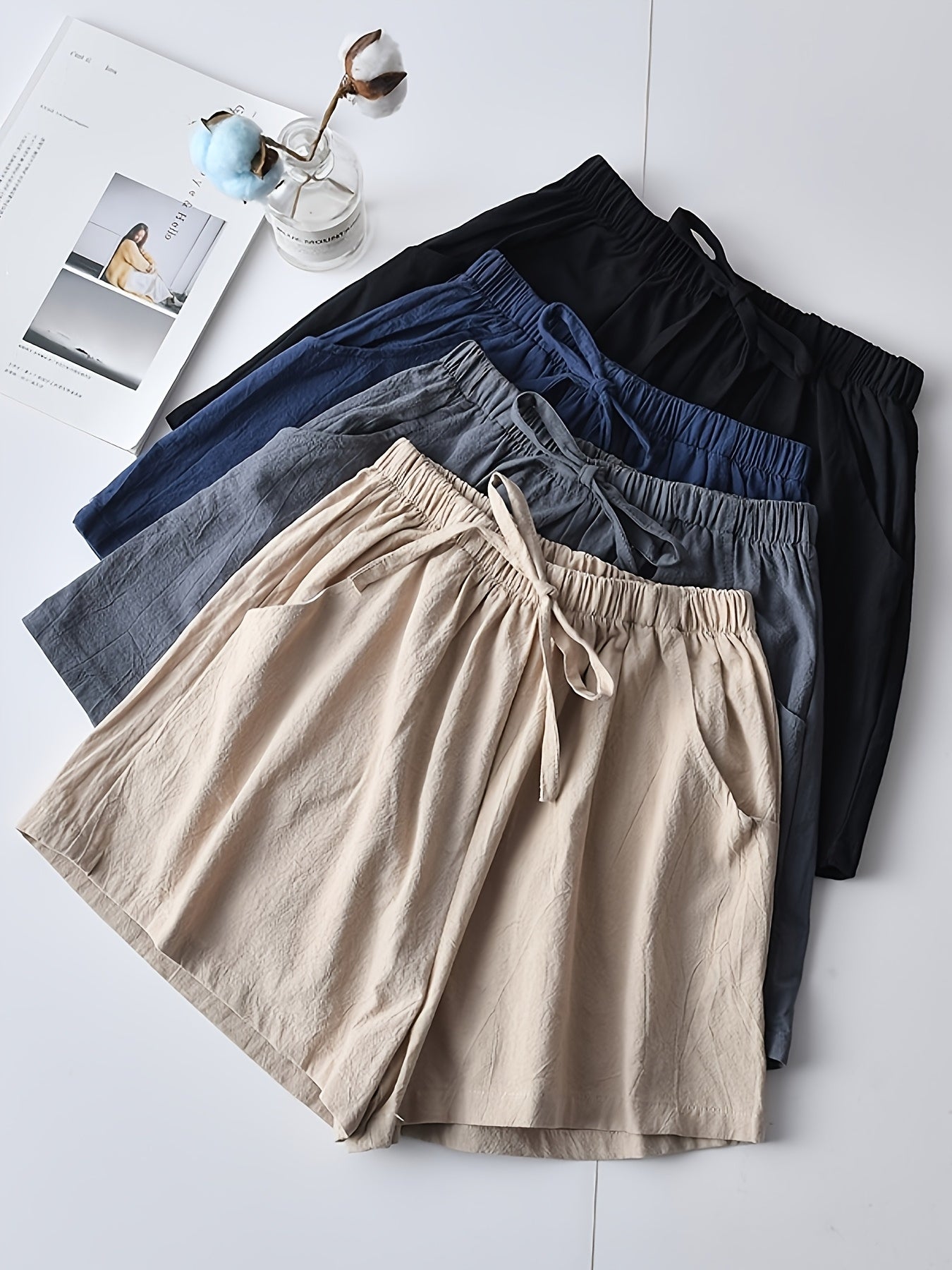 7pcs Set Summer Women's High-Waisted - Shorts-Casual, Loose-Fitting Drawstring Wide-Leg Beach Shorts with Thin Elastic Waistband and Pockets-Versatile Bottoms