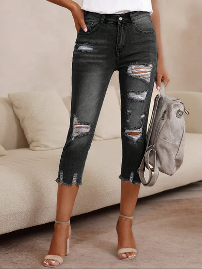 Women's High-Waisted Stretch Denim Capri Pants - Mid-Rise Slim Fit Straight-Leg Ripped Jeans with Distressed Details, Machine Washable Streetwear Style for All-Season Casual Wear