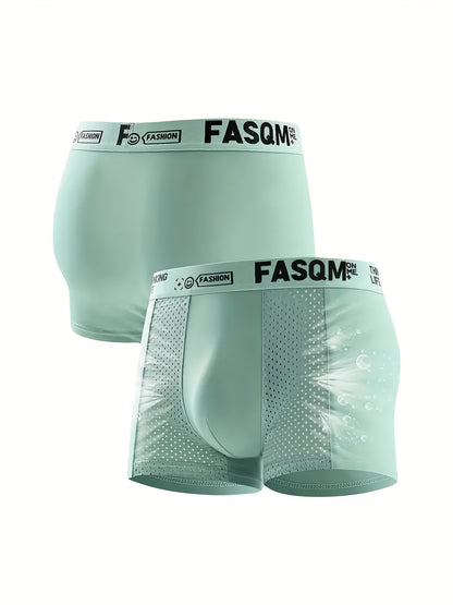 Random Set Of 6 Men's Stylish And Comfortable Boxer Briefs, Featuring Breathable Mesh Patches And Stretchy Fabric. Available In Casual Solid Colors Like Green, Sky Blue, Black, And Deep Gray, with A Contrasting Letter Print On The Waistband.