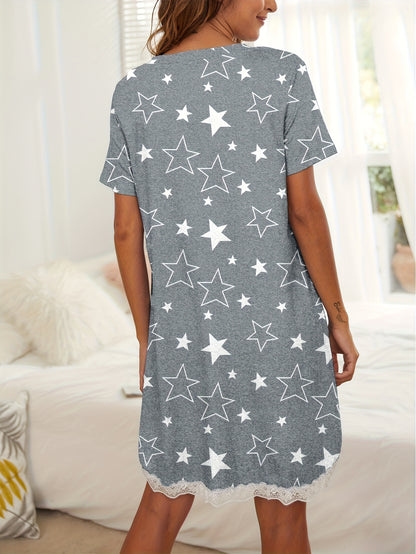 Gray V - Neck Short - Sleeve Star - Print Dress with Lace Trim: This Dress Features A Charming Star Pattern, A Flattering V - Neck, And Delicate Lace At The Hem. Perfect for A Cozy And Stylish Look.