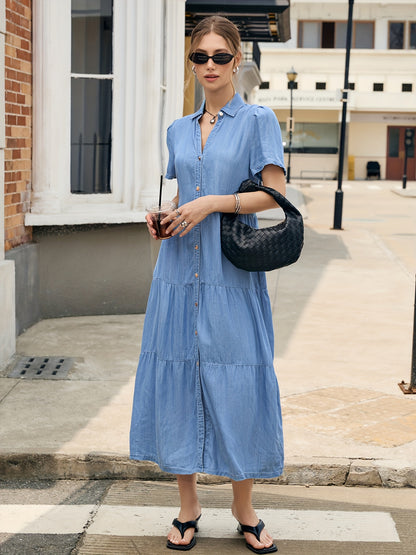Women'S Light Blue Lyocell Denim Dress - Elegant V-Neck Short Sleeve Multi-Tiered Ruffled Hem Casual Vacation Dress, Machine Washable Regular Fit All-Season Wear