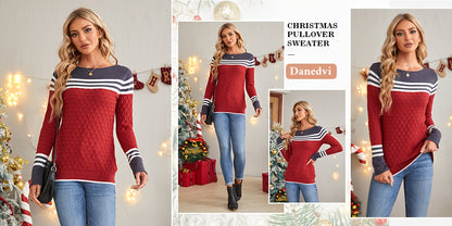 Women Autumn Winter Colorblock Pullover Sweaters Round Neck Striped Slim Fitting Knitwear Tops