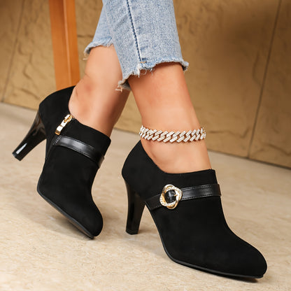 Elegant Black Pointed-Toe High Heels with Side Zipper - Comfortable Faux Cover Ankle Boots for Women, Perfect for All Seasons