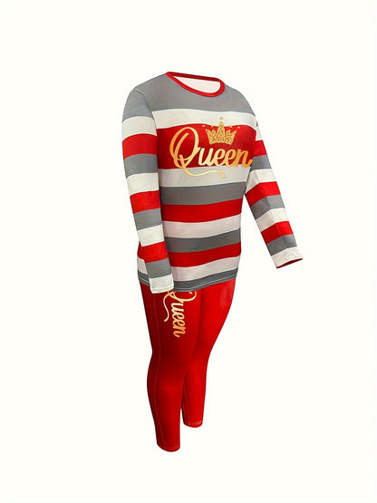 Plus Size - Plus Size - Women'S Striped Long-Sleeve Trouser Suit with Queen'S Lettering And Pocketed Pants