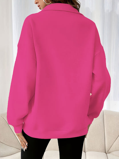 Casual Women's Drop Shoulder Sweatshirt with Half - Zip, Solid Color Sport Pullover
