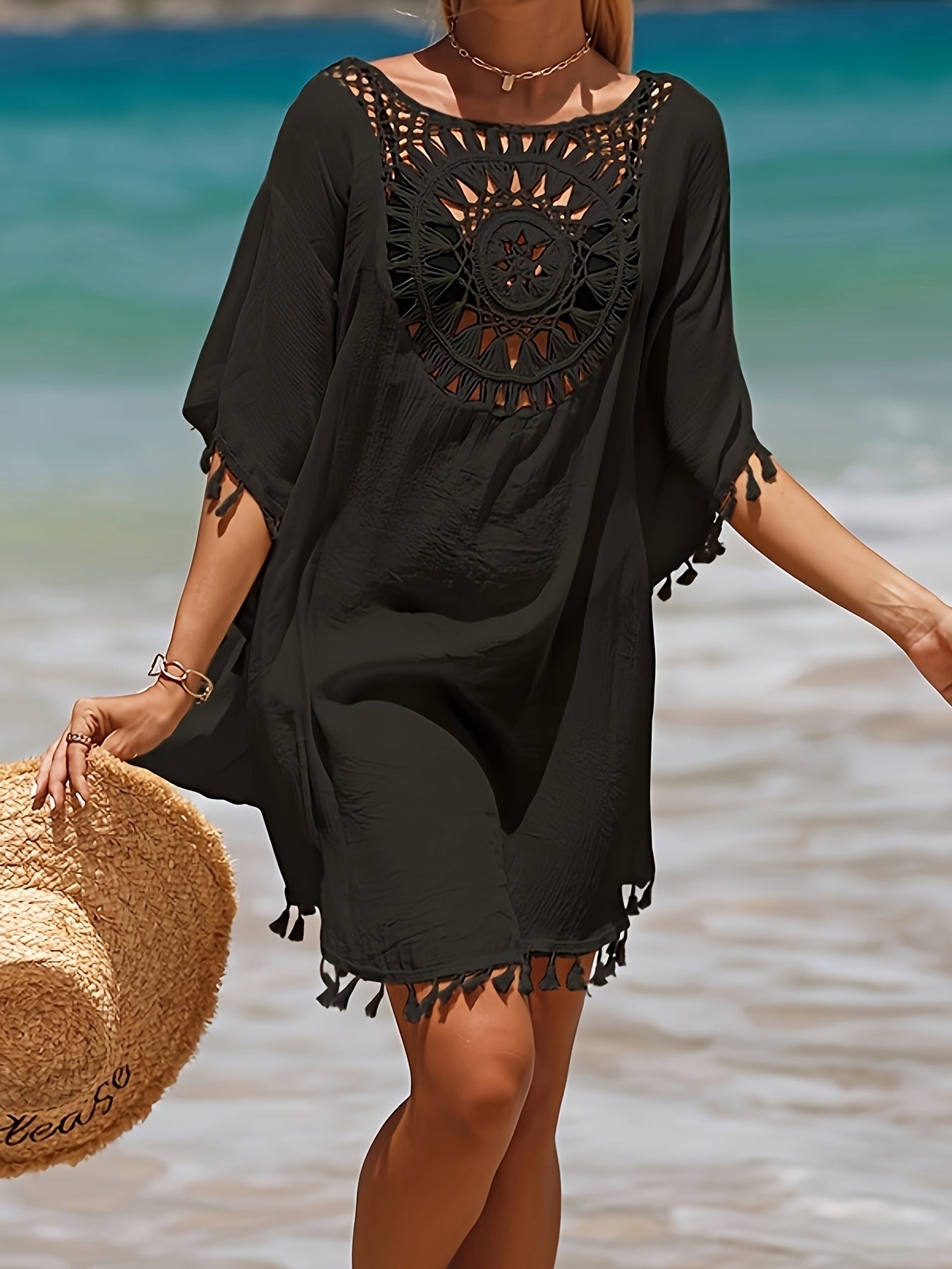 Lace Crochet V-Neck Dress Designed As a Cover-Up for Women'S Swimwear, Perfect for The Beach