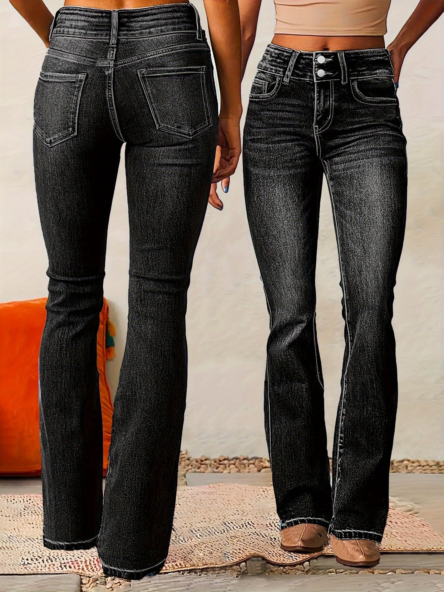 1 Pair Women'S Retro Stretch Washed Bootcut Jeans, Streetwear Style Flared Denim Trousers, S-XXL