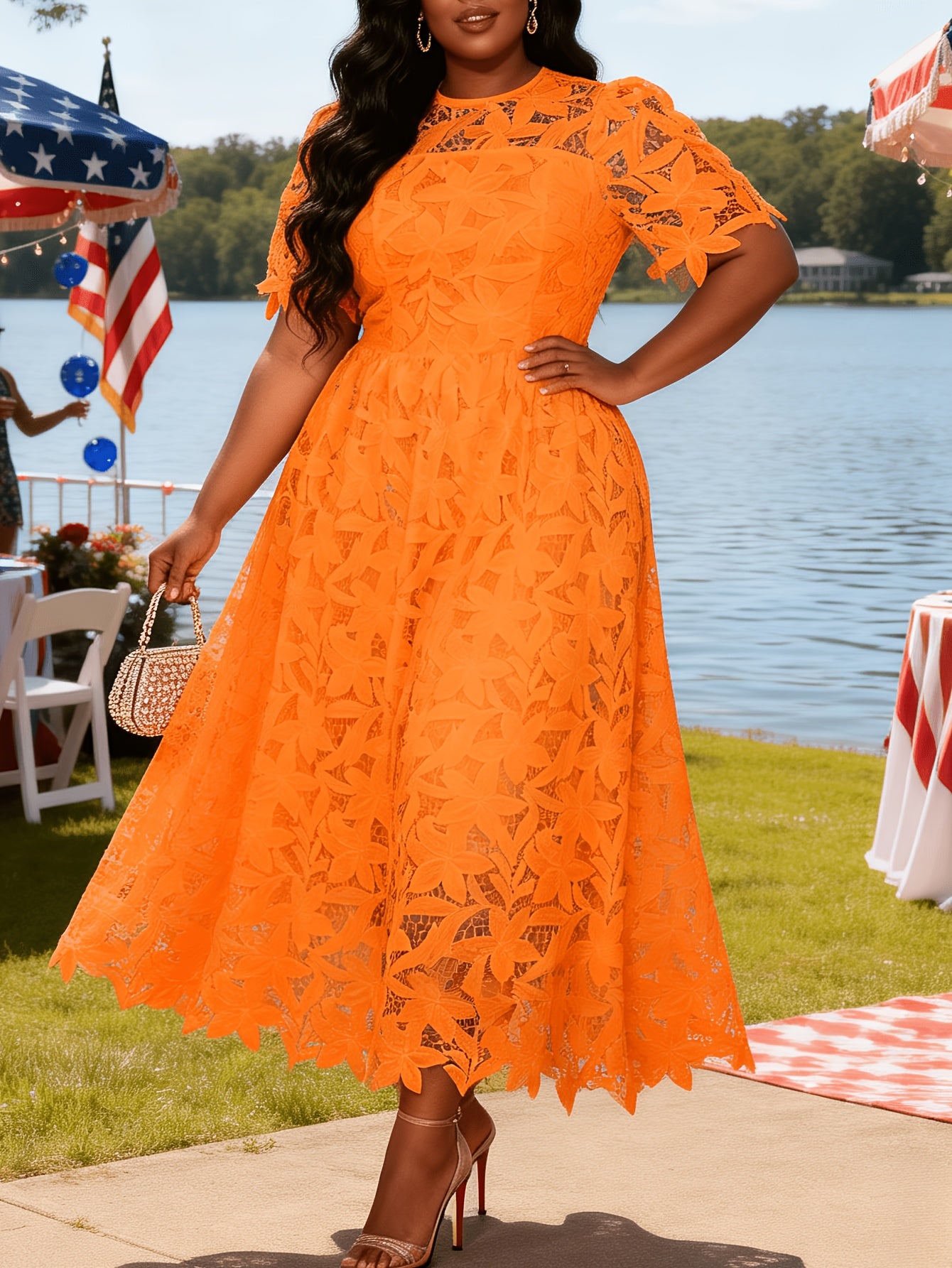 Plus Size - Plus Size - Plus Size Round Neck Lace Dress, Elegant Midi Length with Waist Definition, Formal Banquet And Evening Gown