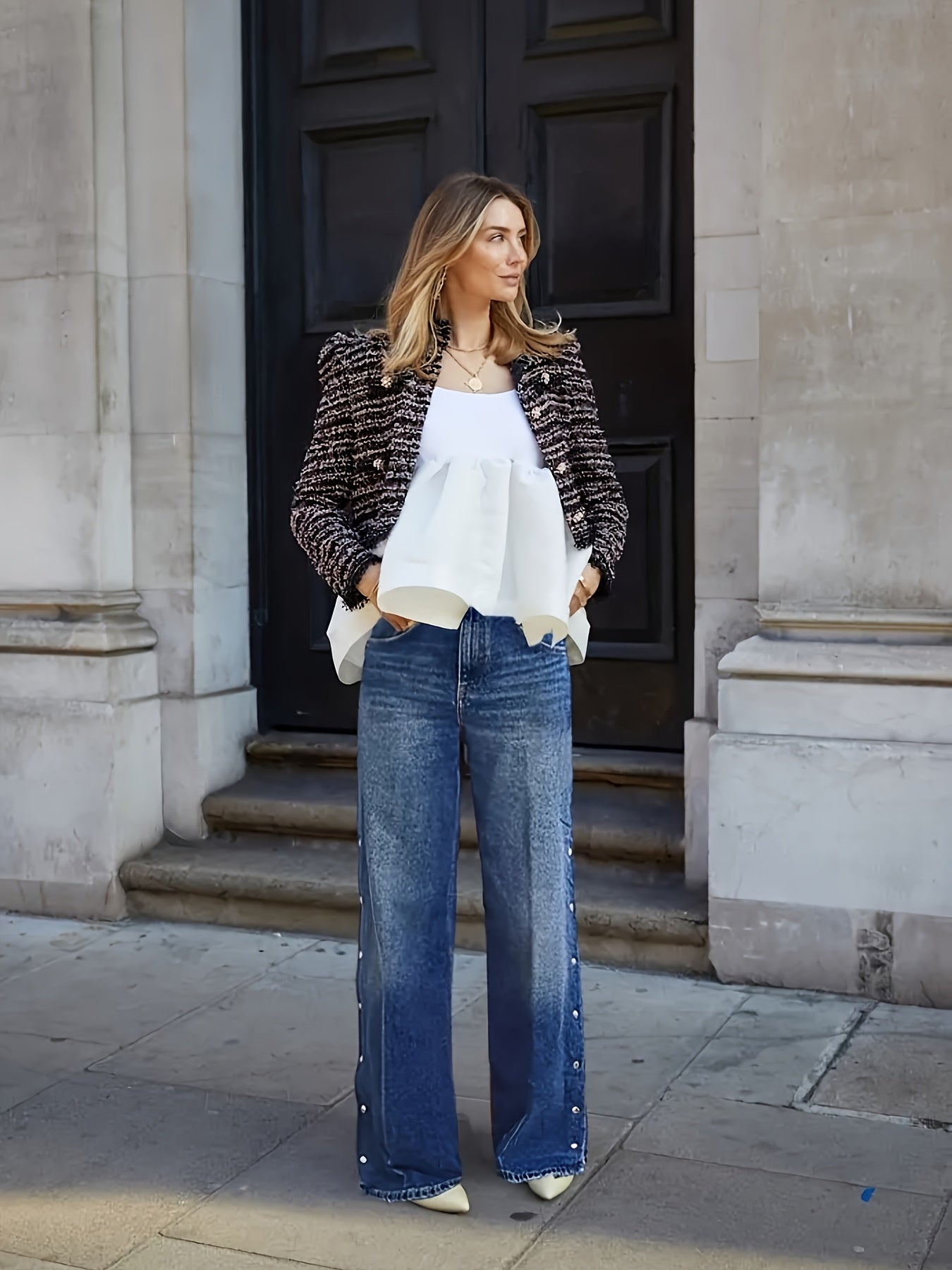 Wide Leg Denim Jeans with Side Snap Buttons, High Rise, Classic Blue Wash