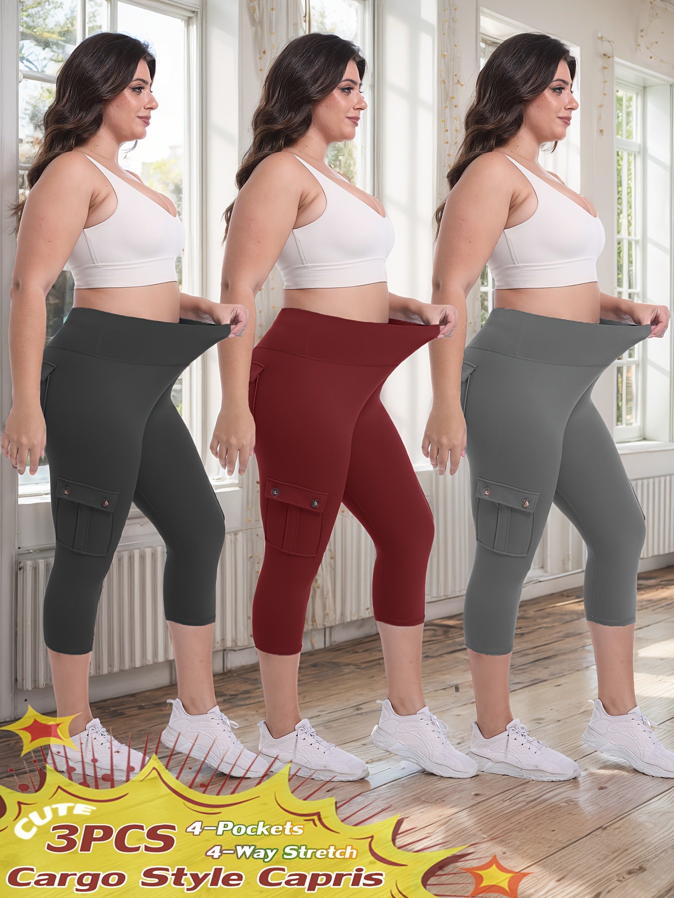 3-packs High Waist Yoga Capri Pants 3pcs Capri Pants Set, 4 Way Stretch Butt Lifting Tummy Control, 4 Button Pockets Workout Running Sports Pants