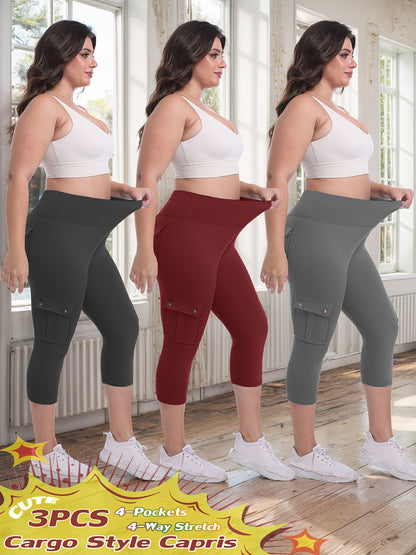 3-packs High Waist Yoga Capri Pants 3pcs Capri Pants Set, 4 Way Stretch Butt Lifting Tummy Control, 4 Button Pockets Workout Running Sports Pants