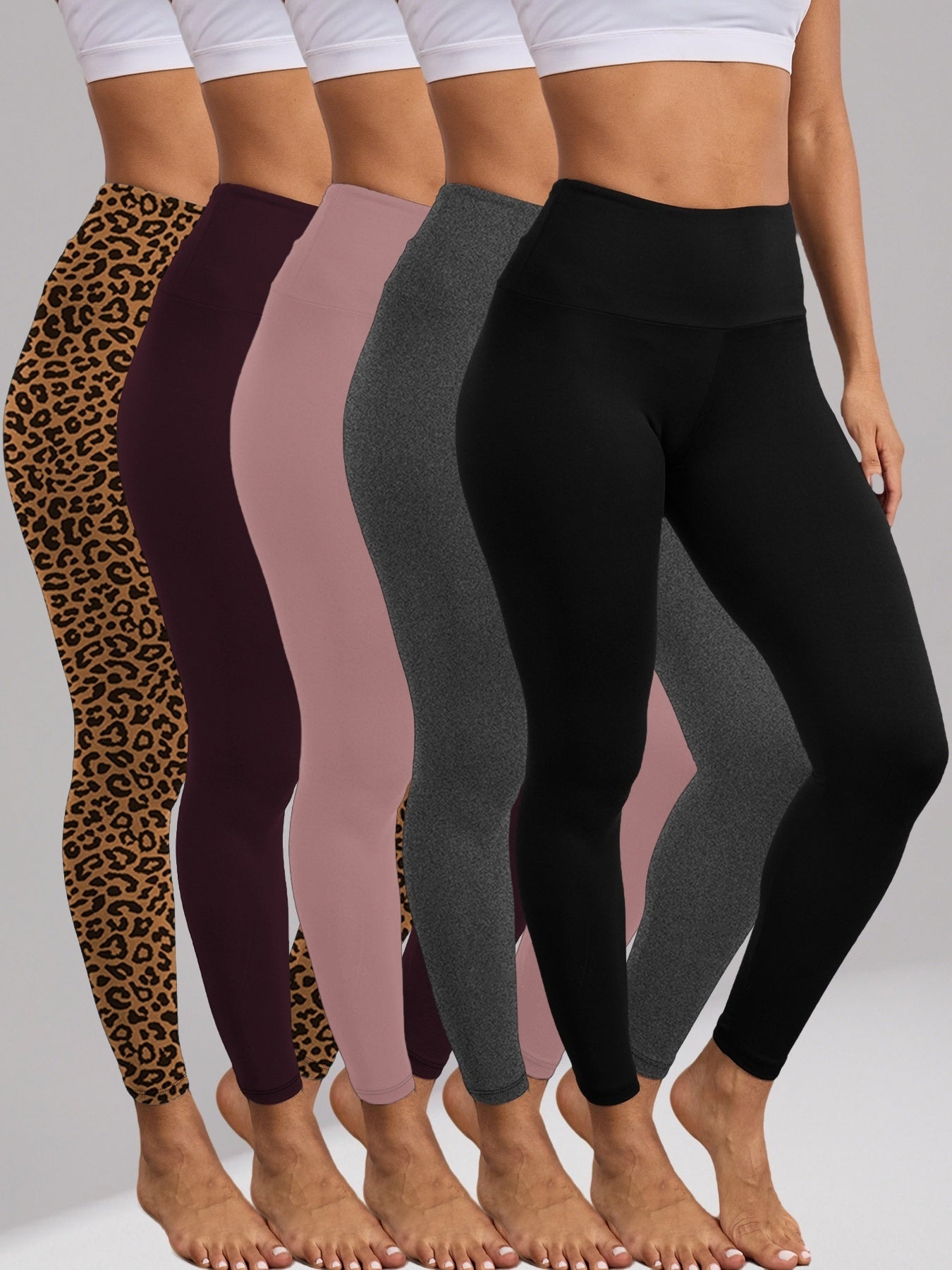 5 Pack Women'S High Waisted Tummy Control Leggings - Super Soft 4-Way Stretch Workout Yoga Running Pants, Full-Length Non-Sheer Gym Leggings with Full Coverage, All-Season Comfort in 5 Colors (Pink, Brown, Black, Navy, White) - Snug Fit for Gym, Yoga & Ca