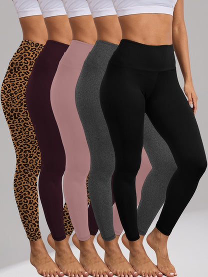 5 Pack Women'S High Waisted Tummy Control Leggings - Super Soft 4-Way Stretch Workout Yoga Running Pants, Full-Length Non-Sheer Gym Leggings with Full Coverage, All-Season Comfort in 5 Colors (Pink, Brown, Black, Navy, White) - Snug Fit for Gym, Yoga & Ca