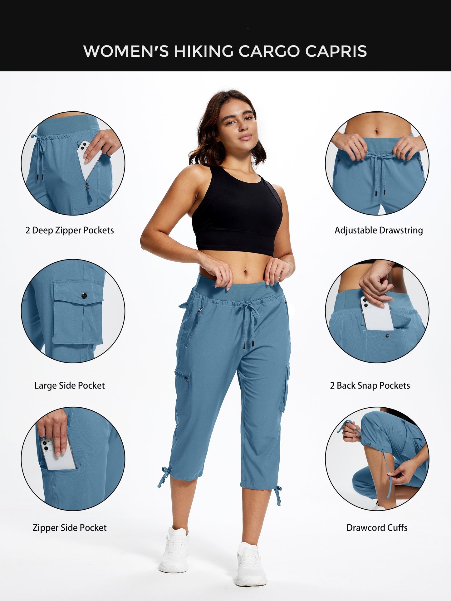 18" Women's Hiking Capris with Pockets Quick Dry Travel Lightweight Cargo Capri Pants Casual Capris for Women