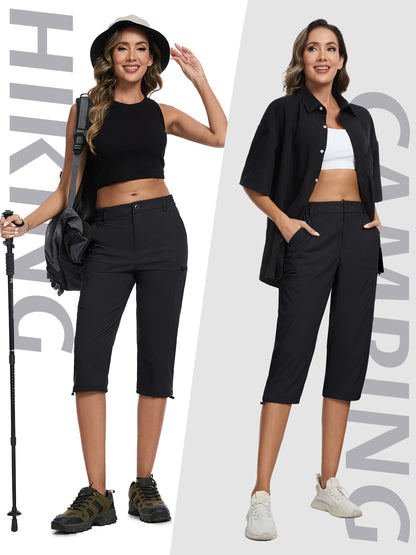 Women'S Summer Hiking Capri Pants - Lightweight, Quick Dry, Stretchy, Zipper Pockets, Adjustable Waist & Cuffs For Outdoor Travel, Hiking, Camping, Fishing, Casual Wear Long Shorts