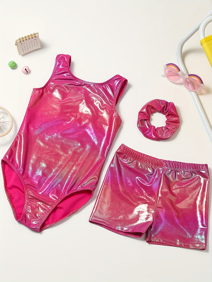 Girls' Sleeveless Gymnastics Bodysuit + Shorts + Headwear, Perfect for Outdoor
