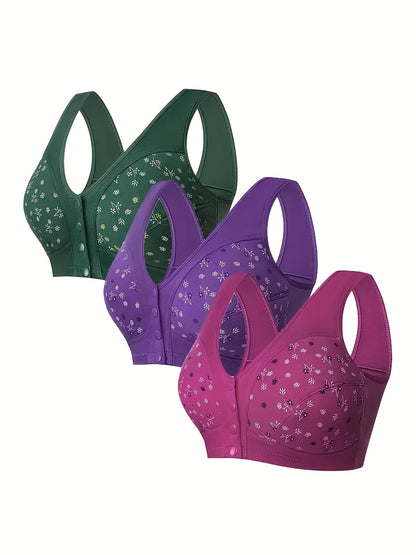 3pcs Plus Size Printed Front-Closure Bra Set Elegant Full-Cup Wire-Free Comfort Bras Women's Lingerie & Underwear Sets Everyday Bras Fashion Underwear Skin-Friendly Fabric Soft Material Padded Bras Seamless Underwear