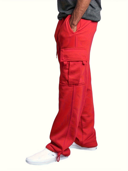 Men Solid Color Sweatpants, Adults Casual Style Cargo Pants with Pockets Drawstring