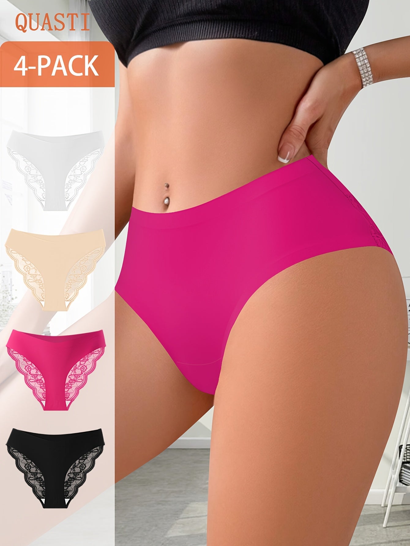 4pcs Women's Comfy Chic Semi-Sheer Lace Briefs - Low-Rise Soft Stretch Underwear, Scallop Trim & Breathable Moisture-Wicking Panties, Everyday Lingerie Essentials (4pcs) - & Elegant Briefs Suitable for Casual Attire & Special Occasions