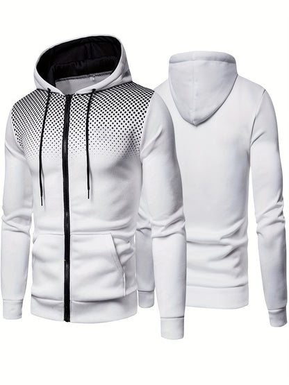 Men's Polka Dot Printed Hooded Jacket, Hooded Jacket with Zippers and Pockets, Men's Winter and Autumn Casual and Sporty Fashion