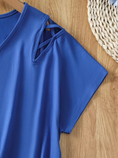 Plus Size Women'S Loose-Fitting Short-Sleeve V-Neck Tee - Stylish V-Neck Style Featuring Open Cross Elements. Perfect for Both Casual And Formal Settings During Spring And Summer, Making It Great for Everyday Wear And Special Events