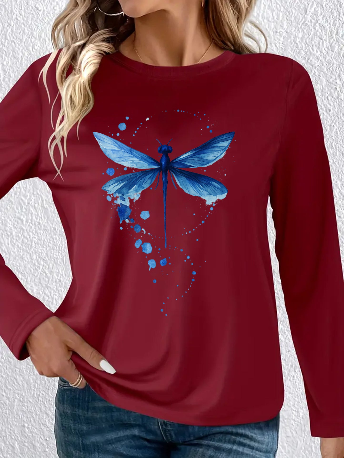 Vibrant Dragonfly Print Crew Neck Top, Soft, Breathable, Long Sleeve Top for Spring & Summer - Ladies' Casual Attire, Perfect for Outdoor