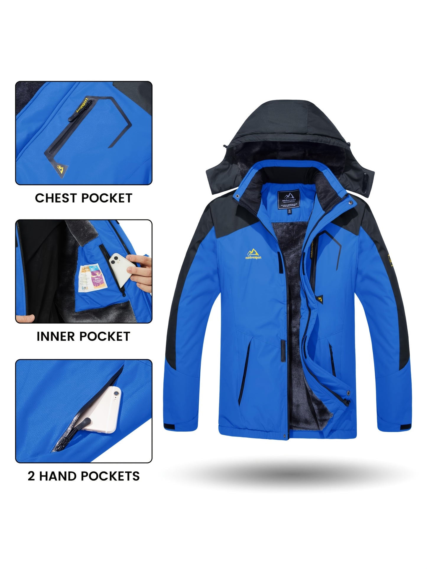 Men'S Winter Ski Jackets Warm Fleece Lined Coats Waterproof Windproof Hooded Thermal Outdoor Parka Thick Sport Hiking Jogging Camping Fishing Climbing Traveling Skiing Snowboarding Casual Windbreaker