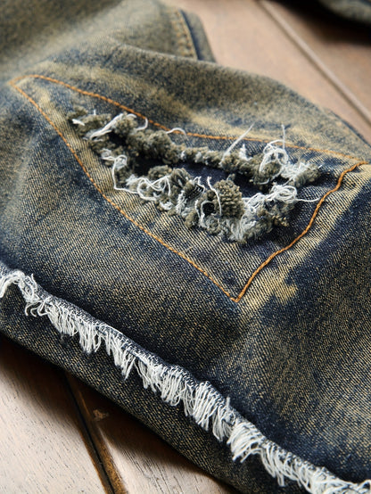 New Type Of Patch Holes Flow Fashion Fried Dyeing Elastic Men Casual Jeans