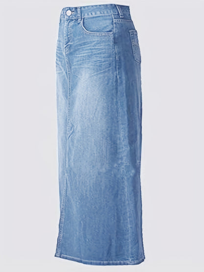 Long Denim Skirt for Women Casual A-Line Denim Maxi Skirt Stretch High Waisted Jean Skirt with Pocket