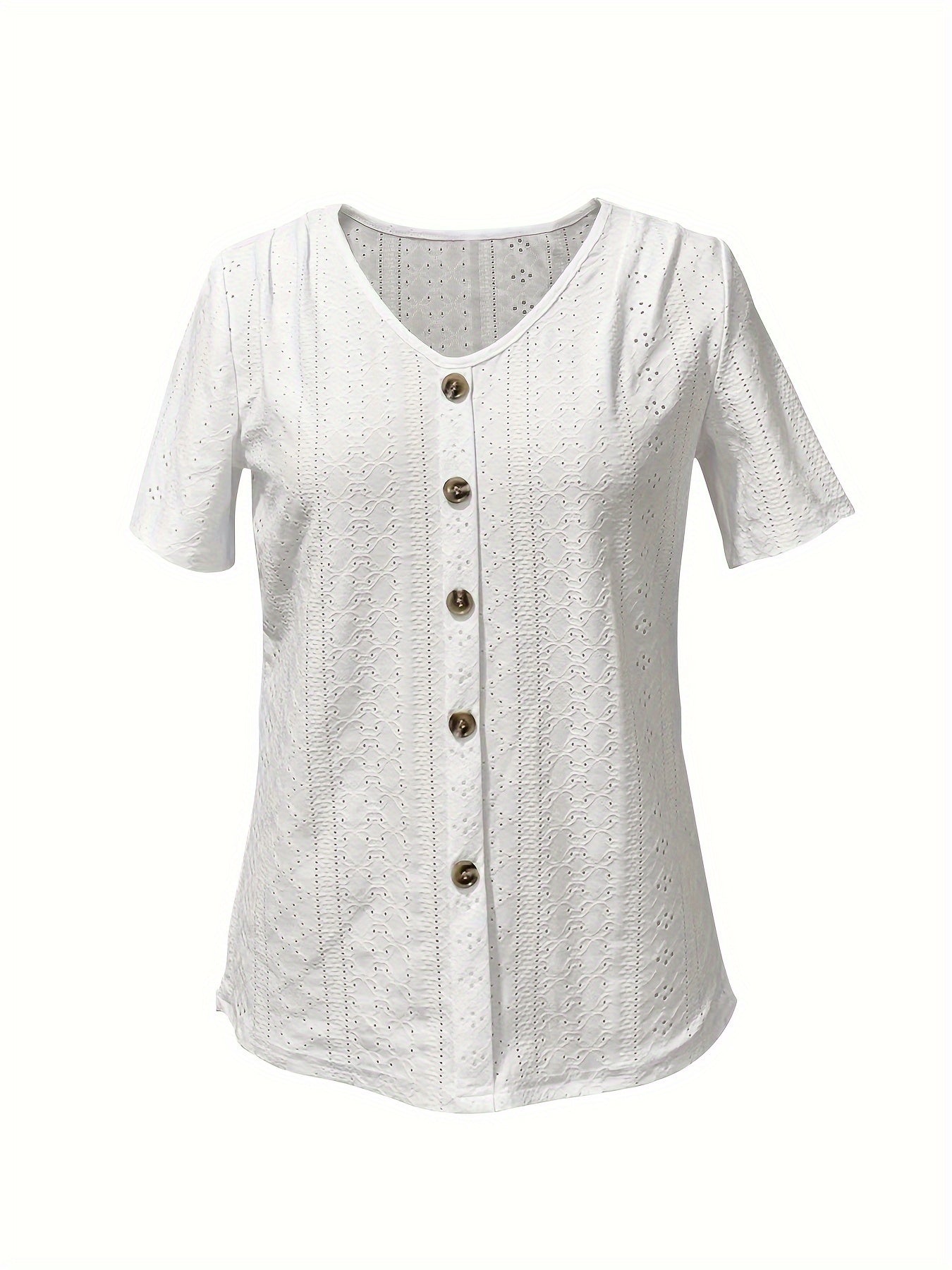 Elegance Light Blue V-Neck Short Sleeve T-Shirt with Decorative Buttons - Breathable, High Elasticity, Semi-Transparent Jacquard Top for Women, Suitable for Spring And Summer, Ladies' T-Shirt