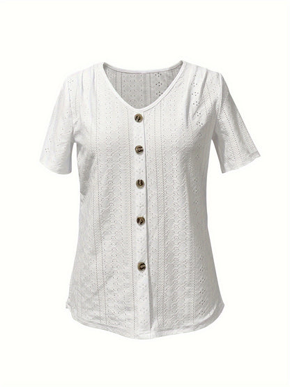 Elegance Light Blue V-Neck Short Sleeve T-Shirt with Decorative Buttons - Breathable, High Elasticity, Semi-Transparent Jacquard Top for Women, Suitable for Spring And Summer, Ladies' T-Shirt