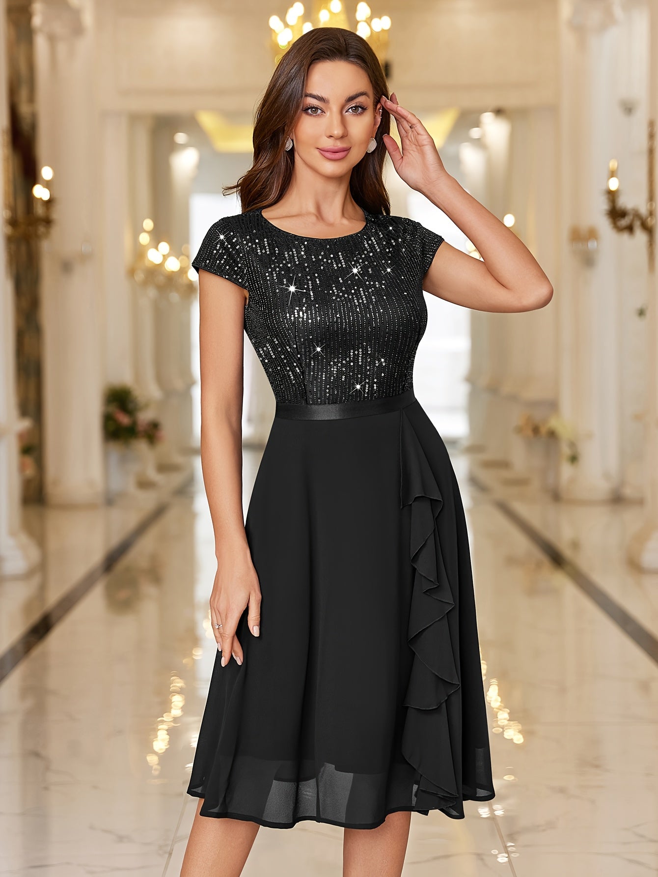 Y82016 Elegant Women's Glitter Sequin Chiffon A-Line Bridesmaid Dress with Cap Sleeves & Ruffled Hem - Sparkling Wedding Party Dress for Bridesmaids, Prom, Birthday, Formal Evening Gown - Machine Washable Chiffon