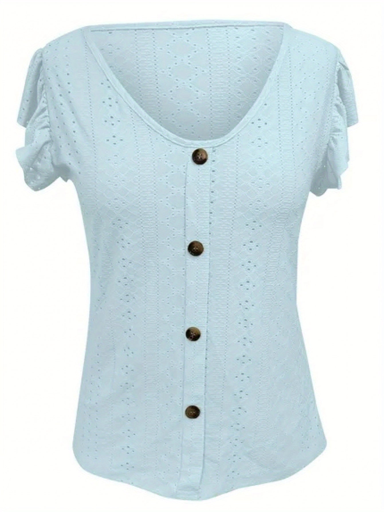 Women's Elegant V-Neck Ruffled Short Sleeve Top with Decorative Buttons, Casual Eyelet Embroidered Jacquard T-Shirt for Spring& Summer, Women's Clothing