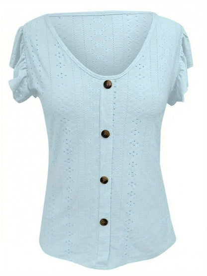 Women's Elegant V-Neck Ruffled Short Sleeve Top with Decorative Buttons, Casual Eyelet Embroidered Jacquard T-Shirt for Spring& Summer, Women's Clothing
