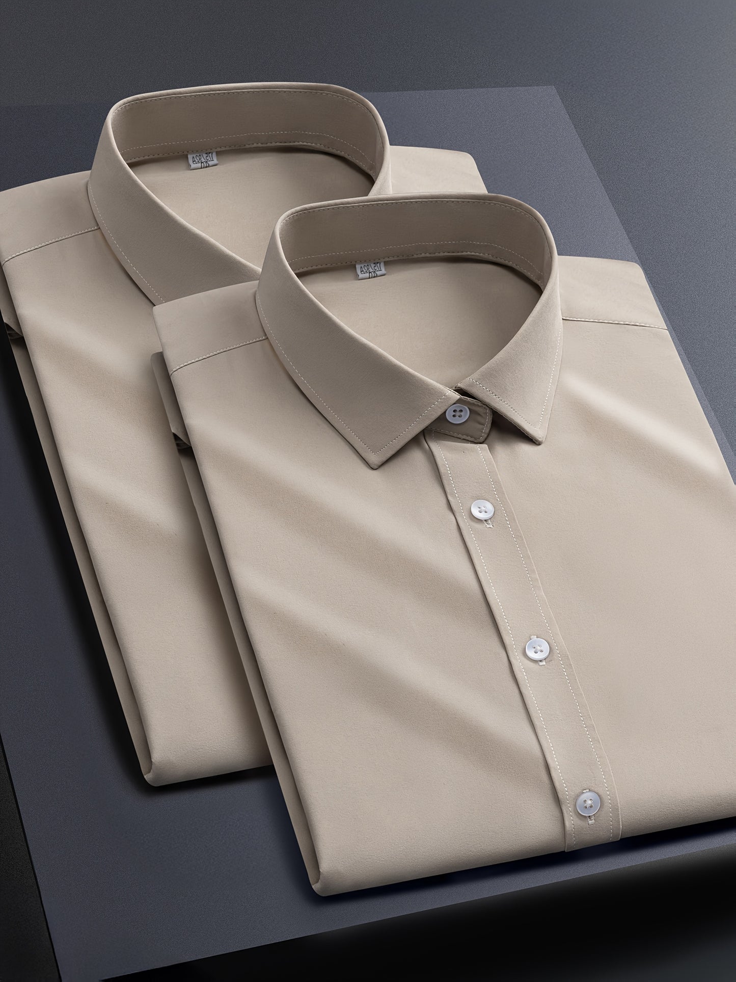 2pcs Men's Long Sleeve Dress Shirts - Elegant White, Stretchy Fabric, Business Casual, Unwrinkled, Single-Breasted with Lapel Collar, All-Season Wear, Casual Attire|Elegant Lapel Shirt|Stretchy Fabric