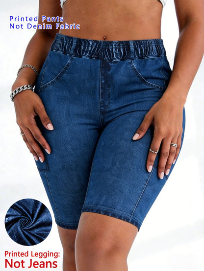 【imitation denim】Printed Pants- Non Denim Fabric 2026 Spring/Summer Hot Trend Non-Denim Base Tight Shorts with Full Elasticity, Retro Print, Suitable for Commuting and, Machine Washable