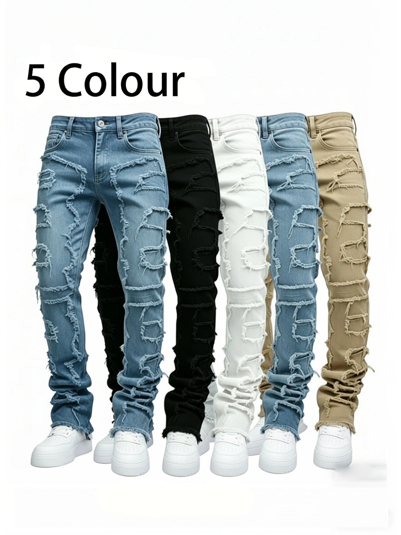 (Available In Five Colors) Teenager Ripped Jeans, Retro Street Style, High Street Patch Fabric, Popular Ripped Jeans, Fashionable Splicing, Slim Fit Jeans, Versatile Straight Jeans 1pc, Perfect for Outdoor, for Teenager
