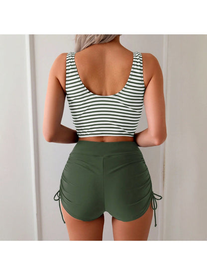 Two-piece New Tight Cross Vest Sexy High Waist Drawstring Boyshort Racing Split Swimsuit Suit