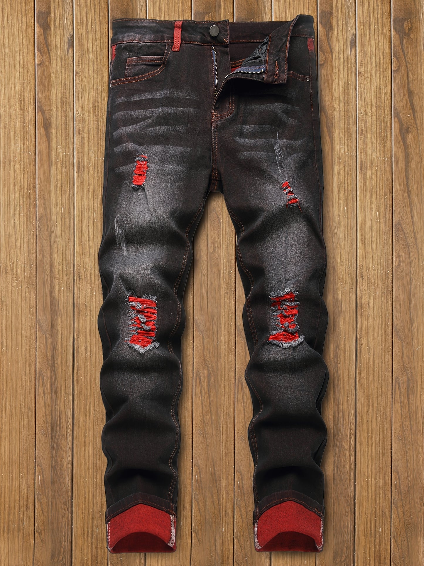 Ripped Jeans for Men Stretch Slim Fit Red Demin