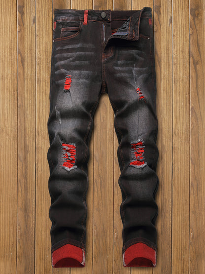 Ripped Jeans for Men Stretch Slim Fit Red Demin