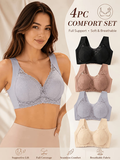4pcs Elegant Floral Lace Push-Up Bra - Comfortable Wireless Design, Medium Support, Breathable Lining, Stylish Front Open Buckle, Wide Straps, And Jacquard Pattern - Perfect for Adult Women