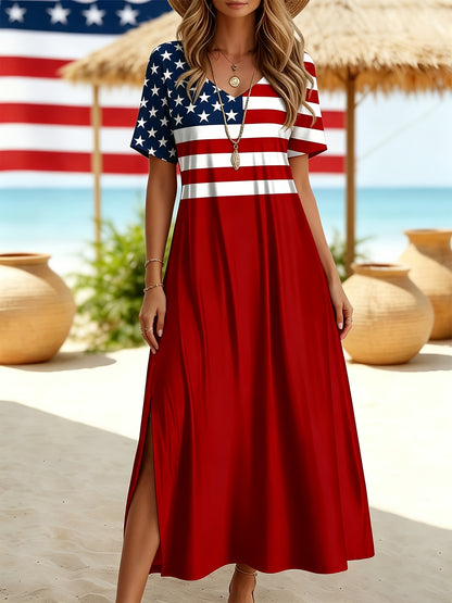 US 250th Anniversary Women's Flag Print Midi Dress | Short Sleeved V Neck, Side Slit Design, Casual Style, Slight Stretch Fabric, Perfect for Spring/Summer