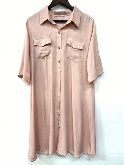 Women's Short Sleeve Shirt Collar Solid Color Buttons Midi Dress
